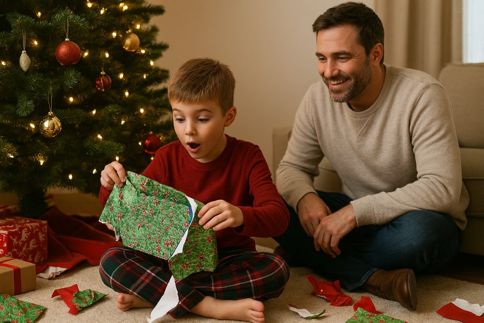 Father watches son open a Christmas present under the tree; the joy of discovering a LEGO® gift.